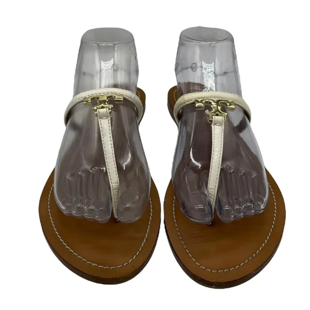 Tory Burch 'T' Logo Leather Thong Sandal - White - 9